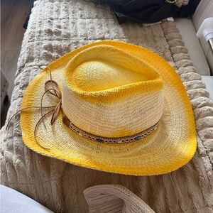 Yellow and Cream Straw Hat with Beaded Band